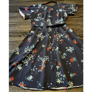 Banana Republic Floral Print Dress Size 0 Navy Blue Short Sleeve Belted